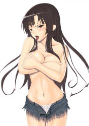 Rule 34 | 1girl, black hair, blush, breast hold, breasts, cleavage, covering privates, covering breasts, cowboy shot, cutoffs, denim, denim shorts, large breasts, long hair, muffin (sirumeria), navel, no bra, open clothes, open fly, open mouth, original, panties, saliva, shorts, solo, tongue, tongue out, topless, underwear, unzipped, white panties