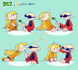 Rule 34 | &gt; &lt;, 1boy, 1girl, :t, arrow (symbol), bald, blonde hair, blue background, blunt bangs, broccoli, brown eyes, character name, clenched hands, closed eyes, codename: kids next door, comic, eating, feeding, flying sweatdrops, fork, hand on head, headpat, long hair, looking at another, necktie, numbuh 1, open mouth, numbuh 362, silent comic, smile, sunglasses, sweater, t k g, tears, translation request, vest, wavy mouth