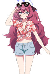 Rule 34 | 1girl, absurdres, blue archive, blue shorts, blush, collarbone, eyewear on head, feet out of frame, grey eyes, hair between eyes, halo, hawaiian shirt, highres, iroha (blue archive), long hair, navel, open mouth, purple halo, red hair, red shirt, saibashi (develop komono), shirt, short sleeves, shorts, simple background, solo, sunglasses, white background