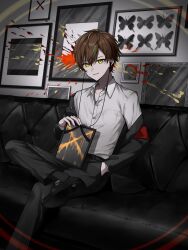 Rule 34 | 1boy, armband, black footwear, black jacket, black pants, black socks, blood, blood splatter, breast pocket, brown hair, bug, butterfly, collared shirt, commentary, couch, crossed legs, dress shirt, earbuds, earphones, english commentary, full body, hair between eyes, hand in pocket, highres, iei, indoors, insect, jacket, jacket partially removed, limited palette, long sleeves, looking at viewer, male focus, open collar, pants, photo (object), pocket, project sekai, red armband, shinonome akito, shirt, shoes, short hair, sitting, smile, socks, solo, teneko02, white shirt, yellow eyes