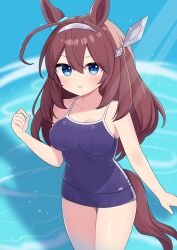 Rule 34 | 1girl, ahoge, animal ears, blue eyes, blue one-piece swimsuit, blush, breasts, brown hair, cleavage, commentary request, competition school swimsuit, cowboy shot, ear ornament, hair between eyes, highres, horse ears, horse girl, horse tail, long hair, looking at viewer, medium breasts, mei (meimyan), mihono bourbon (umamusume), one-piece swimsuit, parted lips, partially submerged, pool, school swimsuit, solo, swimsuit, tail, tracen swimsuit, umamusume