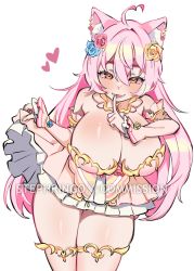 Rule 34 | 1girl, animal ear fluff, animal ears, breasts, cat ears, cleavage, commission, flower, hair flower, hair ornament, highres, huge breasts, index finger raised, orange eyes, original, pink hair, simple background, solo, stephringo, thick thighs, thighs, white background