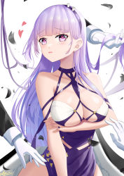 Rule 34 | 1girl, absurdres, aquilar, azur lane, breasts, center opening, cleavage, criss-cross halter, dido (anxious bisque doll) (azur lane), dido (azur lane), disembodied hand, dress, dress straps, hairband, halter dress, halterneck, hand in another&#039;s hair, headband, heart, highres, large breasts, long dress, long hair, multiple hands, official alternate costume, pelvic curtain, purple dress, purple eyes, purple hair, purple hairband, purple headband, simple background, solo, upper body, very long hair, white background