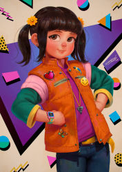 Rule 34 | 10s, 1girl, 2017, badge, belt, bird, black hair, blue pants, blush, brown eyes, bug, butterfly, button badge, child, denim, earrings, freckles, hair ornament, hands on own hips, heart, highres, idfer, insect, jacket, jeans, jewelry, long hair, long sleeves, looking at viewer, necklace, open clothes, open jacket, orange jacket, pants, parrot, punky brewster, punky brewster (character), purple shirt, shirt, sleeveless, sleeveless jacket, smile, smiley face, solo, twintails, watch, wristwatch, yellow belt