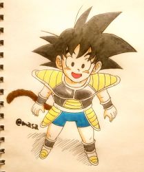 Rule 34 | 1boy, :d, armor, arms at sides, black eyes, black hair, blush, boots, commentary request, dragon ball, dragon ball super, dragon ball super broly, fingernails, full body, happy, looking away, male focus, masa (p-piyo), open mouth, shadow, short hair, simple background, smile, son goku, spiked hair, standing, tail, twitter username, white background