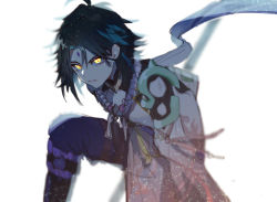Rule 34 | 1boy, ahoge, arm tattoo, armor, asymmetrical clothes, bead necklace, beads, black hair, blurry, blurry background, detached sleeves, diamond (shape), eyeshadow, facial mark, forehead mark, genshin impact, glowing, glowing eyes, green hair, holding, holding polearm, holding spear, holding weapon, jewelry, korean commentary, long hair, looking at viewer, makeup, male focus, malja, multicolored hair, necklace, open mouth, parted bangs, pendant, polearm, red eyeshadow, shoulder armor, shoulder pads, shoulder spikes, simple background, single bare shoulder, single detached sleeve, slit pupils, solo, spear, spikes, superhero landing, tassel, tattoo, two-tone hair, weapon, white background, xiao (genshin impact), yellow eyes
