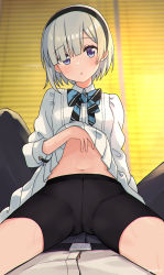 Rule 34 | 1boy, 1girl, :o, belt, bike shorts, black hairband, black pants, blue bow, blue eyes, blue neckwear, blunt bangs, blush, bow, bowtie, clothes lift, commentary request, dress, dress lift, eluthel, girl on top, hairband, highres, idolmaster, idolmaster starlit season, indoors, lifting own clothes, long sleeves, looking at viewer, lying, navel, okuzora kohaku, on back, open mouth, pants, pov, shirt, short hair, silver hair, solo focus, stomach, straddling, striped bow, striped bowtie, striped clothes, striped neckwear, sweat, white dress, white shirt, window blinds, window shutter
