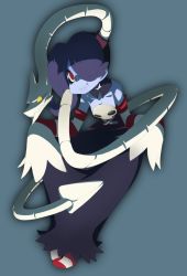 Rule 34 | 1girl, abata, blue background, blue hair, blue skin, colored skin, female focus, hair over one eye, red eyes, skullgirls, solo, squigly (skullgirls), stitches, transparent background, zombie