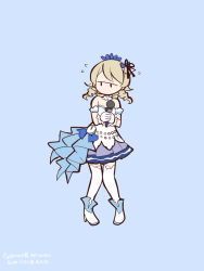 Rule 34 | 1girl, bare shoulders, blue background, blue flower, blue skirt, boots, brown hair, chibi, dress, flower, flying sweatdrops, full body, gloves, hair flower, hair ornament, high heel boots, high heels, holding, holding microphone, idolmaster, idolmaster cinderella girls, long hair, microphone, morikubo nono, no mouth, pleated skirt, ringlets, simple background, skirt, solo, standing, strapless, strapless dress, thighhighs, thighhighs under boots, uccow, white dress, white footwear, white gloves, white thighhighs