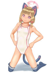 Rule 34 | 1girl, animal ears, blonde hair, blue archive, cat ears, cat tail, commentary request, competition swimsuit, fake animal ears, flat chest, full body, halo, hands on own hips, highres, kneeling, looking at viewer, momoi (blue archive), one-piece swimsuit, pink eyes, simple background, smile, solo, swimsuit, tail, thighhighs, uzuki mei, white background, white one-piece swimsuit