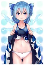 Rule 34 | 1girl, bare shoulders, blue bow, blue dress, blue eyes, blue hair, bow, bow panties, cirno, closed mouth, clothes lift, collarbone, commentary request, cowboy shot, dress, dress lift, gluteal fold, hair between eyes, hair bow, highres, hiyashi mikan, ice, ice wings, lifting own clothes, looking at viewer, navel, panties, red bow, short hair, signature, smile, solo, standing, stomach, thigh gap, touhou, underwear, white panties, wings