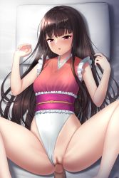 Rule 34 | 1boy, 1girl, alternate costume, azure-maya, bare shoulders, barefoot, bed, belt, black hair, blush, breasts, clothed sex, clothing aside, frills, heart, hetero, highres, houraisan kaguya, long hair, looking at viewer, lying, medium breasts, missionary, on back, one-piece swimsuit, open mouth, penis, pillow, pink belt, pink one-piece swimsuit, pov, pussy, red eyes, sex, smile, spread legs, swimsuit, textless version, touhou, touhou tag dream, vaginal, white one-piece swimsuit, wrestling outfit