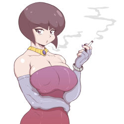 Rule 34 | 1girl, bare shoulders, breasts, brown eyes, brown hair, calligraphy brush (medium), cigarette, cleavage, dress, elbow gloves, fingerless gloves, gloves, jewelry, large breasts, nail polish, necklace, ranma 1/2, short hair, sleeveless, sleeveless dress, smoke, smoking, solo, tendou nabiki, toned, upper body, yashiro a. marino