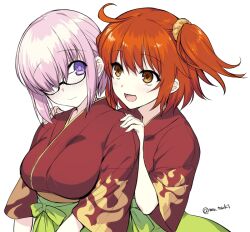 Rule 34 | 2girls, :d, ahoge, blush, breasts, closed mouth, commentary request, cosplay, eye contact, fate/grand order, fate (series), flame print, fujimaru ritsuka (female), glasses, hair ornament, hair over one eye, hair scrunchie, hands on another&#039;s shoulders, japanese clothes, kimono, large breasts, light purple hair, looking at another, mash kyrielight, mash kyrielight (enma-tei uniform), mash kyrielight (enma-tei uniform) (cosplay), multiple girls, muutsuki, one side up, open mouth, orange eyes, orange hair, purple eyes, red kimono, scrunchie, semi-rimless eyewear, short hair, short sleeves, simple background, smile, twitter username, under-rim eyewear, upper body, wavy mouth, white background, yuri