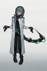 Rule 34 | absurdres, black footwear, black gloves, black pants, boots, copyright request, fingerless gloves, full body, gloves, green eyes, grey hair, head tilt, highres, lab coat, looking at viewer, mechanical tail, medium hair, pants, partially fingerless gloves, pigeon-toed, ratatatat74, sanpaku, shrug (clothing), simple background, single fingerless glove, solo, standing, tail, white background