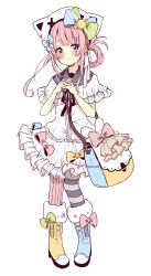 Rule 34 | 1girl, animal ears, animal hat, asymmetrical footwear, asymmetrical legwear, bag, black ribbon, blue bow, blue eyes, blue footwear, blue sailor collar, blush, boots, bow, capelet, cat ears, cat hat, closed mouth, dress, frilled capelet, frills, full body, fur-trimmed boots, fur trim, green bow, hair bow, hair rings, hat, high heel boots, high heels, highres, long hair, mismatched footwear, mismatched legwear, neck ribbon, original, pantyhose, pigeon-toed, pink bow, pink hair, pink pantyhose, ribbon, sailor collar, sailor dress, sakura oriko, shoulder bag, simple background, solo, standing, striped clothes, striped legwear, striped pantyhose, vertical-striped clothes, vertical-striped pantyhose, white background, white bow, white capelet, white dress, white hat, yellow footwear
