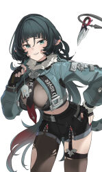 1girl absurdres animal animal_ears aqua_eyes aqua_jacket black_hair black_pantyhose black_shirt black_thighhighs breasts chinese_commentary commentary_request cowboy_shot fur-trimmed_jacket fur_trim highres holding holding_animal holding_weapon holding_with_tail jacket jane_doe_(zenless_zone_zero) large_breasts long_hair looking_at_viewer midriff mouse_(animal) mouse_ears mouse_girl mouse_tail multicolored_hair navel pantyhose parted_lips prehensile_tail red_hair shiro_momouron_tey shirt single_leg_pantyhose single_thighhigh solo tail thighhighs thighs torn_clothes torn_pantyhose torn_thighhighs two-tone_hair weapon white_background zenless_zone_zero