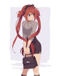 Rule 34 | 1girl, airi (queen&#039;s blade), bag, black skirt, blue eyes, casual, character name, choker, closed mouth, commentary request, hairband, highres, holding, holding bag, long hair, nifffi, queen&#039;s blade, red hair, shirt, sidelocks, skirt, solo, twintails, two side up, watch, wristwatch