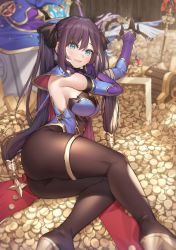 Rule 34 | 1girl, ass, bare shoulders, black pantyhose, blue eyes, blush, book, breasts, cape, coin, genshin impact, gloves, hat, high heels, highres, jewelry, legs, leotard, looking at viewer, medium breasts, mona (genshin impact), money, pantyhose, piyo (pixiv 2308057), polearm, purple hair, smile, solo, treasure, treasure chest, twintails, weapon, witch hat