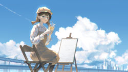 Rule 34 | 1girl, black socks, blue sky, brown hair, brown overalls, building, chair, city, cloud, commentary request, cup, disposable cup, drink, drinking straw, hat, highres, holding, holding drink, kneehighs, long sleeves, looking at viewer, original, overalls, painting (object), scenery, shirt, sky, socks, solo, striped clothes, striped shirt, tftady, twintails, vertical-striped clothes, vertical-striped shirt, watermark, white hat, white shirt