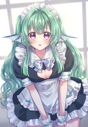 Rule 34 | 1girl, 440(yoshio), alternate costume, apron, black dress, bow, bowtie, breasts, cleavage, cleavage cutout, clothing cutout, commentary, dress, finana ryugu, fins, fish girl, green hair, head fins, head wings, highres, long hair, maid, maid day, maid headdress, medium breasts, nijisanji, nijisanji en, open mouth, puffy sleeves, purple eyes, solo, two side up, virtual youtuber, waist apron, white bow, white bowtie, wings, wrist cuffs