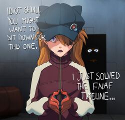 Rule 34 | 1boy, 1girl, absurdres, animal hat, blue eyes, cat hat, chimeraenvy, commentary, crossover, english commentary, english text, evangelion: 3.0 you can (not) redo, eyepatch, five nights at freddy&#039;s, freddy fazbear, gloves, hat, highres, jacket, long hair, neon genesis evangelion, orange hair, plugsuit, rebuild of evangelion, red gloves, red jacket, souryuu asuka langley, steepled fingers, turtleneck, turtleneck jacket, two-tone gloves