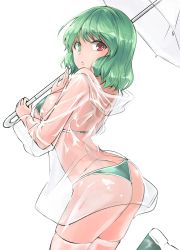 Rule 34 | 1girl, :o, alternate hair color, ass, bikini, breasts, commentary request, cowboy shot, from behind, green bikini, green eyes, green hair, heterochromia, highres, holding, holding umbrella, hood, hooded jacket, jacket, large breasts, long sleeves, looking at viewer, looking back, parted lips, red eyes, see-through, see-through legwear, short hair, simple background, solo, standing, string bikini, swimsuit, tatara kogasa, thighhighs, thighs, touhou, umbrella, white background, y2