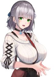 Rule 34 | 1girl, absurdres, bag, between breasts, black choker, blush, braid, breasts, brown skirt, choker, cleavage, collarbone, commentary request, cross-laced clothes, crown braid, green eyes, hair ribbon, handbag, highres, hololive, interlocked fingers, large breasts, long sleeves, looking at viewer, open mouth, own hands together, plaid, plaid skirt, ribbed sweater, ribbon, shirogane noel, shirogane noel (casual), short hair, shoulder bag, shun&#039;en (homura0620alicia), silver hair, simple background, skirt, smile, solo, strap between breasts, sweater, upper body, virtual youtuber, white background, white sweater