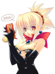 Rule 34 | 1girl, bare shoulders, black gloves, blonde hair, bow, breasts, bright pupils, brooch, cleavage, disgaea, dress, earrings, elbow gloves, facing viewer, gloves, jewelry, looking at viewer, makai senki disgaea 2, medium breasts, nippon ichi, no bra, pointy ears, red eyes, red neckwear, rozalin, sakuraminto, simple background, smile, solo, strapless, strapless dress, upper body, white background, yellow bow