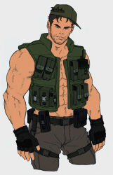 1boy abs ammunition_pouch bara bare_pectorals baseball_cap beard_stubble brown_hair bulletproof_vest chris_redfield cropped_legs facial_hair fingerless_gloves flat_color gloves harness harness_belt hat hereticanthemthed looking_at_viewer male_focus muscular muscular_male navel open_clothes open_vest pants pectorals pouch resident_evil short_hair simple_background solo stubble vest white_background