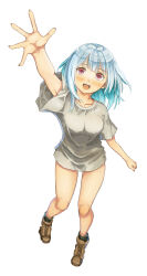 Rule 34 | 1girl, absurdres, blue hair, boots, bottomless, breasts, brown eyes, brown footwear, collarbone, colored inner hair, garimpeiro, grey hair, head tilt, highres, lulu (bang bravern), medium breasts, multicolored hair, open hand, open mouth, simple background, smile, solo, white background, yuuki bakuhatsu bang bravern