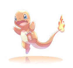 Rule 34 | blue eyes, charmander, commentary request, creatures (company), fangs, fire, fire, flame-tipped tail, full body, game freak, gen 1 pokemon, leg up, nintendo, no humans, open mouth, pokemon, pokemon (creature), reflection, s (happycolor 329), solo, tongue, white background