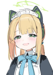 Rule 34 | 1girl, animal ear headphones, animal ears, apron, black dress, blonde hair, blue archive, blush, dress, fake animal ears, green eyes, green halo, halo, headphones, highres, looking at viewer, maid apron, midori (blue archive), midori (maid) (blue archive), official alternate costume, open mouth, short hair, simple background, sketch, smile, solo, upper body, white apron, white background, yanyo (ogino atsuki)