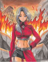 Rule 34 | 1girl, 2020, absurdres, artist name, belt, belt buckle, black gloves, black shorts, breasts, buckle, closed mouth, cowboy shot, crop top, cropped jacket, debris, female focus, fire, gloves, grey eyes, grey hair, hand on own hip, highres, jacket, large breasts, long sleeves, loretta (metal slug), metal slug, metal slug attack, midriff, military uniform, navel, ponytail, ravernclouk design, red jacket, shorts, smoke, snk, solo, standing, thighs, traditional media, uniform