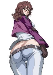 Rule 34 | 00s, 1girl, arm grab, ass, bad id, bad pixiv id, belt, black gloves, blush, body blush, brown eyes, brown hair, butt crack, cameltoe, embarrassed, from behind, from below, frown, gloves, gundam, gundam 00, jacket, long hair, looking back, lowleg, military, military uniform, no panties, open clothes, open jacket, pants, simple background, skin tight, solo, standing, sumeragi lee noriega, sweatdrop, thigh gap, thighs, tofu (tf07px), uniform, wind, wind lift, yellow eyes