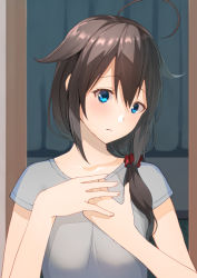Rule 34 | 1girl, ahoge, alternate costume, black hair, blouse, blue eyes, casual, commentary request, grey shirt, hair flaps, hair over shoulder, hands on own chest, highres, kantai collection, looking at viewer, masukuza j, shigure (kancolle), shigure kai ni (kancolle), shirt, solo, t-grey blouse, upper body