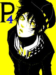 Rule 34 | 1girl, androgynous, atlus, black hair, cabbie hat, copyright name, crossdressing, female focus, haruaki and ogawa, hat, jacket, looking at viewer, monochrome, open mouth, persona, persona 4, reverse trap, school uniform, shirogane naoto, short hair, solo, yellow eyes, yellow theme