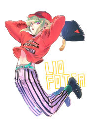 Rule 34 | 1boy, androgynous, anime coloring, bae (baebae), bag, baseball cap, bookbag, green hair, hat, highres, hood, hoodie, jumping, lio fotia, male focus, midriff peek, open mouth, pants, promare, red shirt, redrawn, shirt, solo, striped clothes, striped pants, vertical-striped clothes, vertical-striped pants