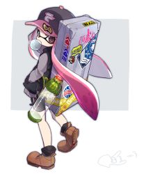 Rule 34 | 1girl, ameko-107, ankle boots, baseball cap, bike shorts, black vest, boots, brown eyes, brown footwear, bubble, blowing bubbles, chewing gum, from behind, full body, gem, glowing, grey background, grey shirt, hands in pockets, hat, ink tank, ink tank (splatoon), inkling, inkling girl, inkling player character, long sleeves, looking at viewer, looking back, nintendo, pink hair, red gemstone, shirt, shoe soles, simple background, slit pupils, solo, speed lines, splatoon (series), splatoon 1, squid, suitcase, tentacle hair, twintails, two-tone background, vest, walking, white background