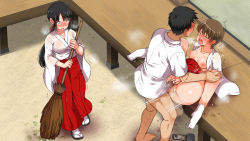 2girls black_hair blush bottomless breasts broom brown_hair camera censored clothed_sex embarrassed feet from_above green_eyes groin highres japanese_clothes kotosanomaa legs long_hair lying maron_maron_(circle) miko moaning mosaic_censoring multiple_girls mushi_sezaru_wo_enu_machi...! nipples no_bra open_clothes open_mouth original outdoors penis pussy red_eyes red_skirt sandals sex short_hair skirt small_breasts standing thighs trembling vaginal