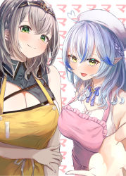 Rule 34 | 2girls, :d, absurdres, ahoge, apron, bare shoulders, beret, blue hair, blush, braid, breasts, cleavage, closed mouth, commentary request, elf, flower, gradient hair, green eyes, hair between eyes, hair flower, hair ornament, hat, heart, heart ahoge, highres, hololive, large breasts, long hair, looking at viewer, multicolored hair, multiple girls, open mouth, pointy ears, reaching, reaching towards viewer, roco (rocoroco1115), shirogane noel, shirogane noel (1st costume), short hair, silver hair, sleeveless, smile, virtual youtuber, yellow eyes, yukihana lamy