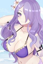 Rule 34 | 1girl, :d, bikini, breasts, camilla (fire emblem), camilla (summer) (fire emblem), collarbone, fire emblem, fire emblem fates, fire emblem heroes, flower, hair flower, hair ornament, hair over one eye, highres, large breasts, long hair, looking at viewer, n 54, navel, nintendo, official alternate costume, open mouth, purple bikini, purple eyes, purple hair, smile, solo, swimsuit, upper body
