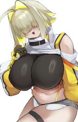 Rule 34 | :d, ahoge, black gloves, black sports bra, blonde hair, blush, breasts, clothes lift, clothing cutout, crop top, crop top overhang, cropped sweater, elegg (nikke), exposed pocket, gloves, goddess of victory: nikke, grey shorts, hair intakes, hair over eyes, highres, huge breasts, long bangs, long sleeves, micro shorts, multicolored clothes, multicolored gloves, multicolored hair, navel, open mouth, plump, short hair, shorts, shoulder cutout, smile, sports bra, suspender shorts, suspenders, thigh strap, thighs, two-tone hair, unknownnoname0, yellow gloves