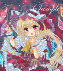 Rule 34 | 1girl, :d, bow, bowtie, brooch, center frills, cowboy shot, crystal, dark background, fang, flandre scarlet, frilled ribbon, frilled shirt collar, frilled skirt, frills, hair between eyes, hat, hat ribbon, holding, holding wand, jewelry, laevatein (touhou), long hair, looking at viewer, marker (medium), mob cap, open mouth, puffy short sleeves, puffy sleeves, red eyes, red ribbon, red skirt, ribbon, rui (sugar3), sample watermark, shirt, short sleeves, side ponytail, skin fang, skirt, skirt set, sleeve ribbon, smile, solo, touhou, traditional media, wand, watermark, white hat, white shirt, white wrist cuffs, wings, wrist cuffs, yellow bow, yellow bowtie