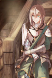 Rule 34 | 1boy, airgetlam (fate), aqua eyes, armor, barrel, bedivere (fate), blonde hair, brick wall, cape, fate/grand order, fate (series), faulds, feet out of frame, gauntlets, green pants, green tunic, hair between eyes, hair tubes, highres, holding, holding sword, holding weapon, long hair, long sleeves, low twintails, male focus, maru (ma-ru8), pants, parted lips, prosthesis, prosthetic arm, sheath, sheathed, shoulder armor, sideways glance, single gauntlet, sitting, sitting on stairs, smile, solo, stairs, sword, twintails, weapon, white cape
