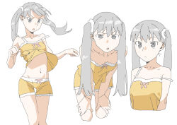 Rule 34 | 1girl, bare shoulders, belly, camisole, camisole lift, clothes lift, collarbone, grey eyes, grey hair, hair ribbon, hands on own knees, highres, ichisannyonn, long hair, looking at viewer, looking away, monogatari (series), oikura sodachi, owarimonogatari, pajamas, ribbon, sleeveless, stomach, strap slip, twintails, white background, yellow camisole
