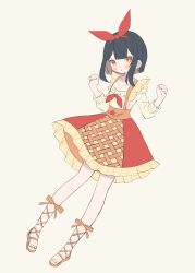 Rule 34 | 1girl, apple pie, apple print, black hair, blunt bangs, blunt ends, blush, bow, cross-laced footwear, feet, flats, food-themed clothes, footwear bow, frills, hair ribbon, hairband, hands up, highres, long sleeves, off-shoulder shirt, off shoulder, orange eyes, original, parted lips, ribbon, shirt, short hair, skirt, solo, suspender skirt, suspenders, toes, yuino ruria