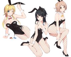 Rule 34 | 3girls, ;q, ahoge, alternate hairstyle, animal ears, bare shoulders, black bow, black eyes, black hair, black leotard, blonde hair, blue eyes, blush, bow, bowtie, breasts, brown eyes, cleavage, detached collar, fake animal ears, fake tail, finger to mouth, fishnet legwear, fishnets, gin00, hachimiya meguru, hair bobbles, hair ornament, high heels, highleg, highleg leotard, idolmaster, idolmaster shiny colors, illumination stars (idolmaster), kazano hiori, leotard, licking lips, light brown hair, long hair, looking at viewer, low twintails, medium hair, mole, mole under mouth, multiple girls, one eye closed, pantyhose, playboy bunny, ponytail, rabbit ears, rabbit tail, sakuragi mano, side-tie leotard, simple background, smile, strapless, strapless leotard, swept bangs, tail, tongue, tongue out, twintails, two side up, white background, wrist cuffs