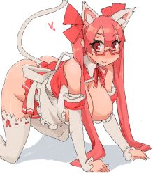 Rule 34 | 1girl, all fours, animal ears, apron, borrowed character, breasts, cat ears, cat tail, cleavage, glasses, hanging breasts, heart, large breasts, light smile, long hair, looking at viewer, maid, maid apron, minakami (flyingman555), oekaki, original, pink eyes, pink hair, red eyes, red hair, solo, srco, tail, thighhighs, twintails, white background