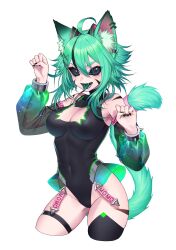 Rule 34 | 1girl, animal ears, artist request, black eyes, breasts, cat girl, cat tail, cleavage, cleavage cutout, clothing cutout, colored tongue, gluteal fold, green hair, green tongue, highres, indie virtual youtuber, leotard, medium breasts, momo mischief, nail polish, navel, second-party source, solo, tail, thick thighs, thighs, tongue, tongue out, virtual youtuber